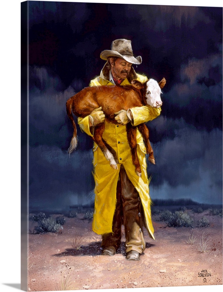 Contemporary Western artwork of a cowboy holding a young calf.