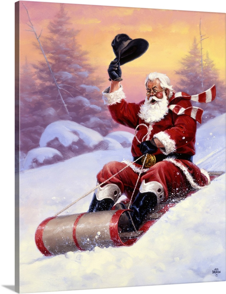 A whimsical yet traditional painting of Father Christmas riding downhill on a sled and waving his hat in the air.