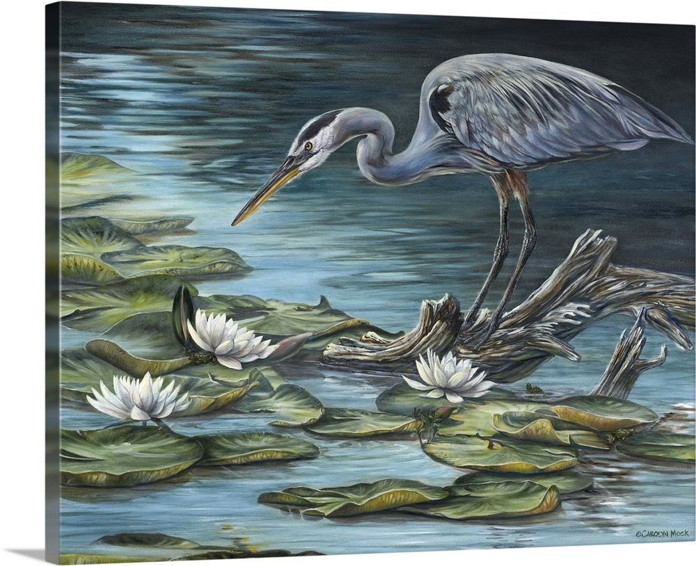 Contemporary painting of a heron standing on a piece of dead wood in a pond.