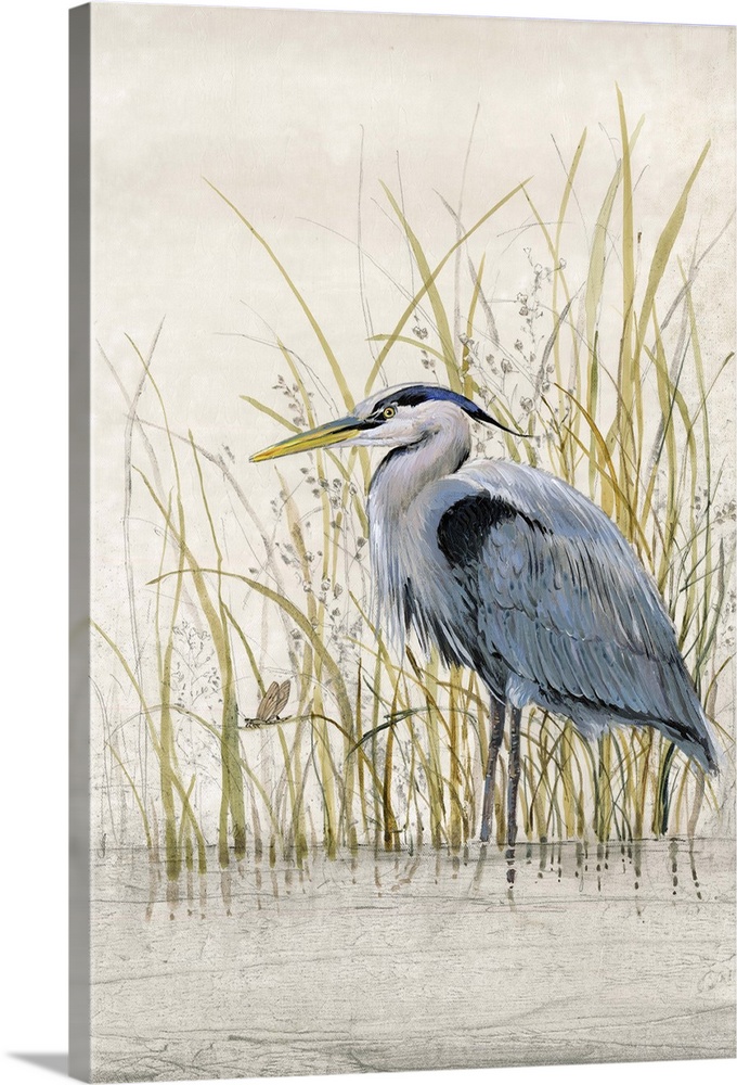 Contemporary artwork of a heron standing in shallow water among tall grass.