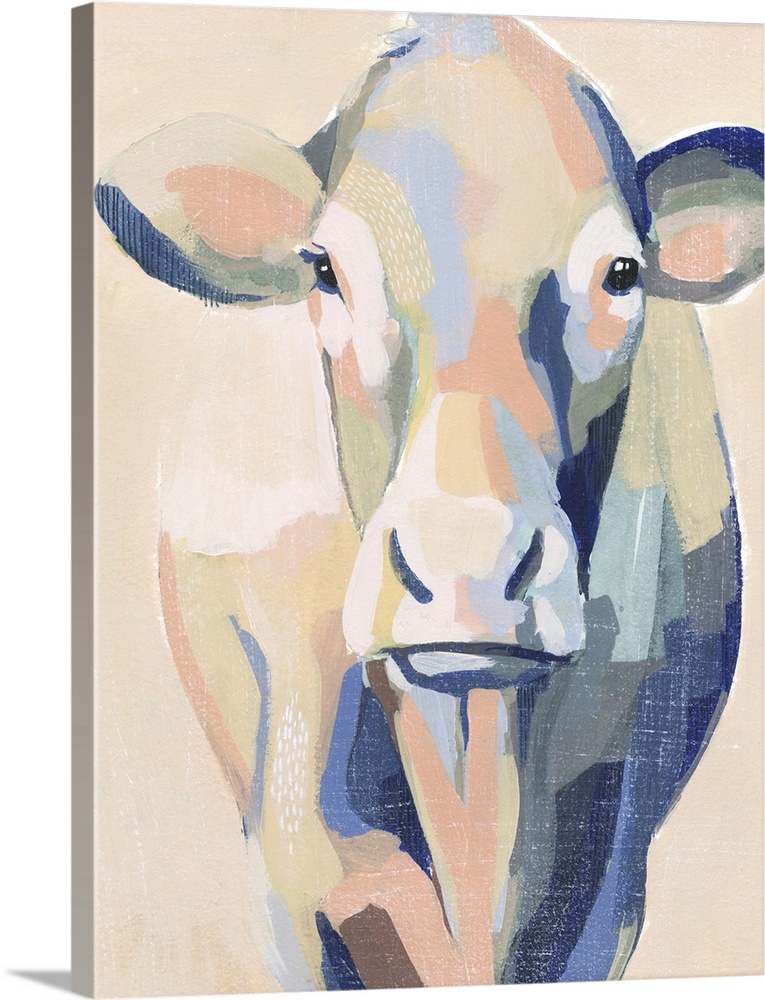 Contemporary portrait of a cow in pink and blue.