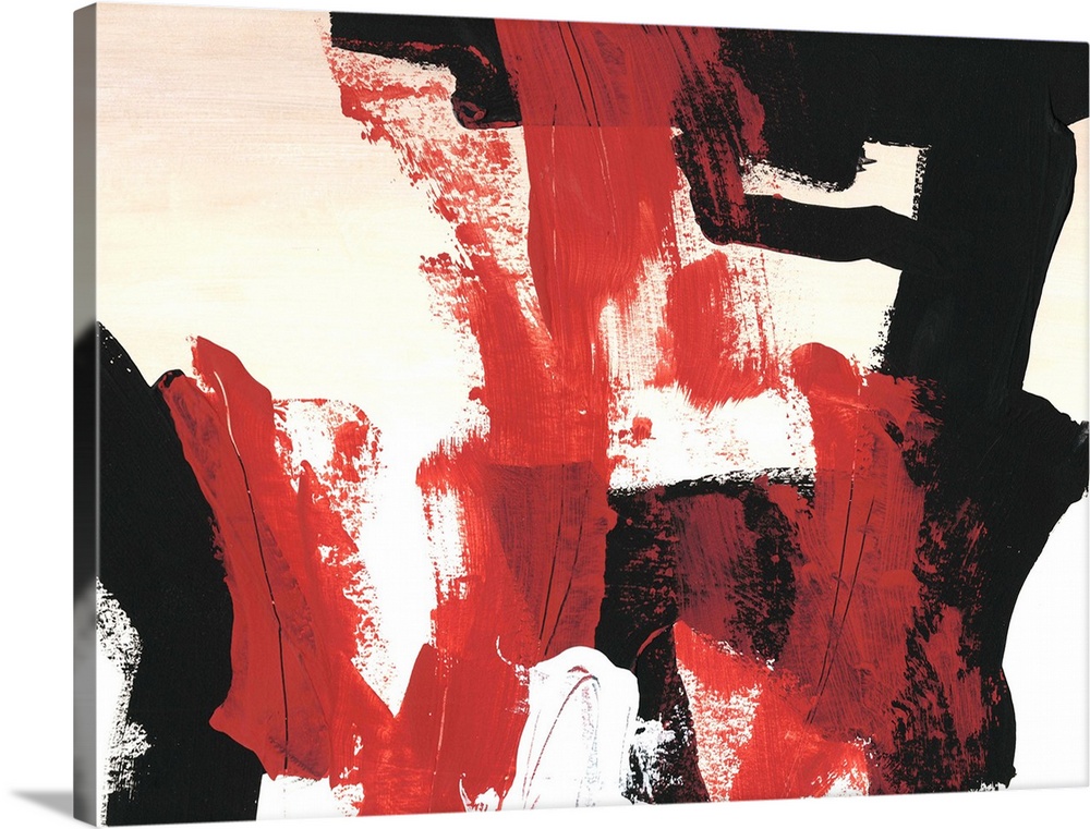 Bold abstract painting in red, white, and black, with broad brushstrokes.