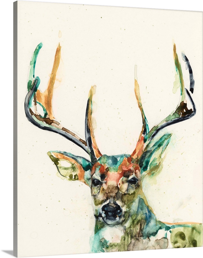 Watercolor portrait of a deer in a variety of bright colors.
