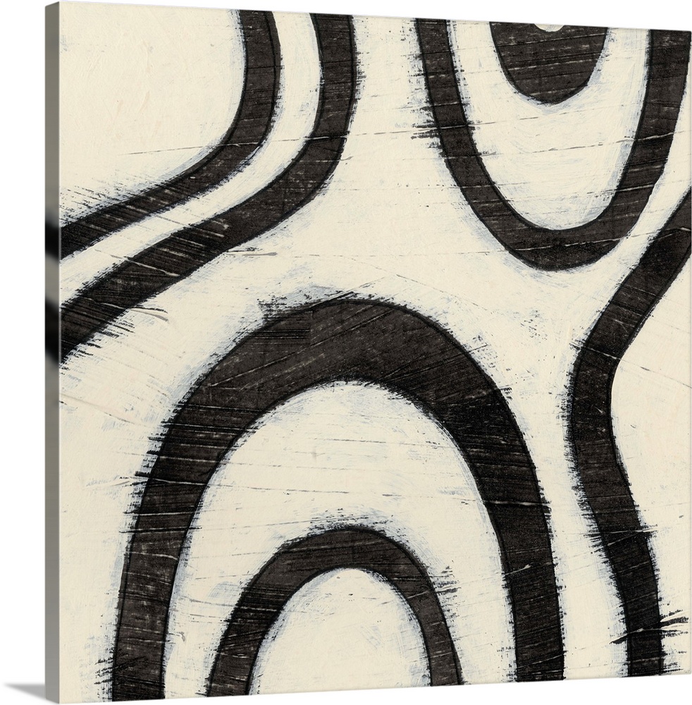 Black and white abstract artwork made of curved lines.