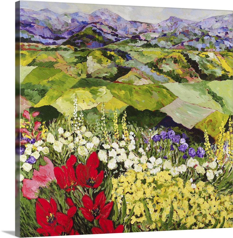 Contemporary painting of a country landscape with lots of colorful flowers and fields of growing crops.