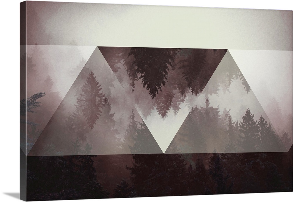 Photo of a misty pine forest with abstract triangular shapes manipulating the image.
