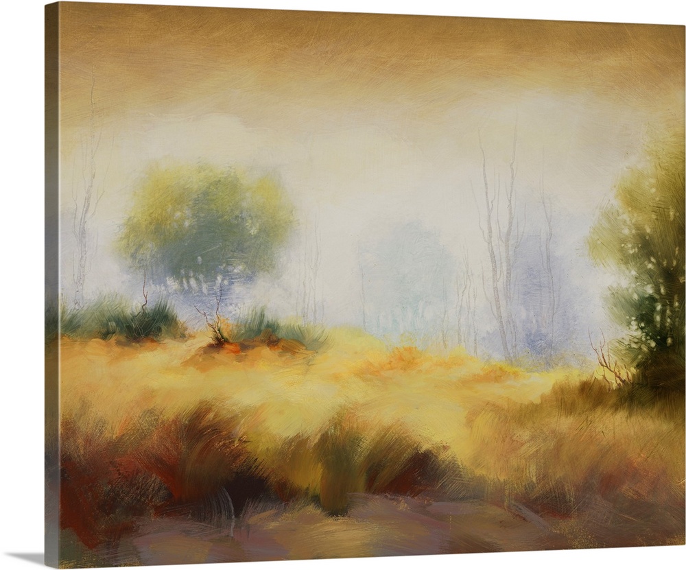 Contemporary painting of a misty meadow with trees along the edge.
