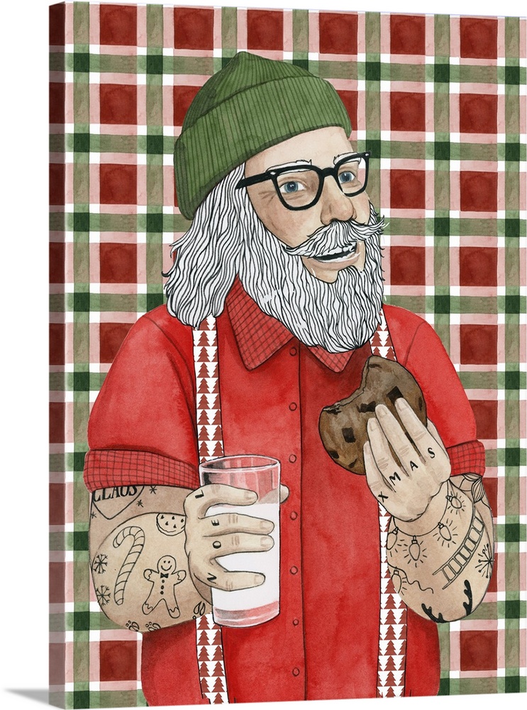 Fun and contemporary Christmas decor of a hipster Santa Claus covered in tattoos eating a cookie and drinking a glass of m...