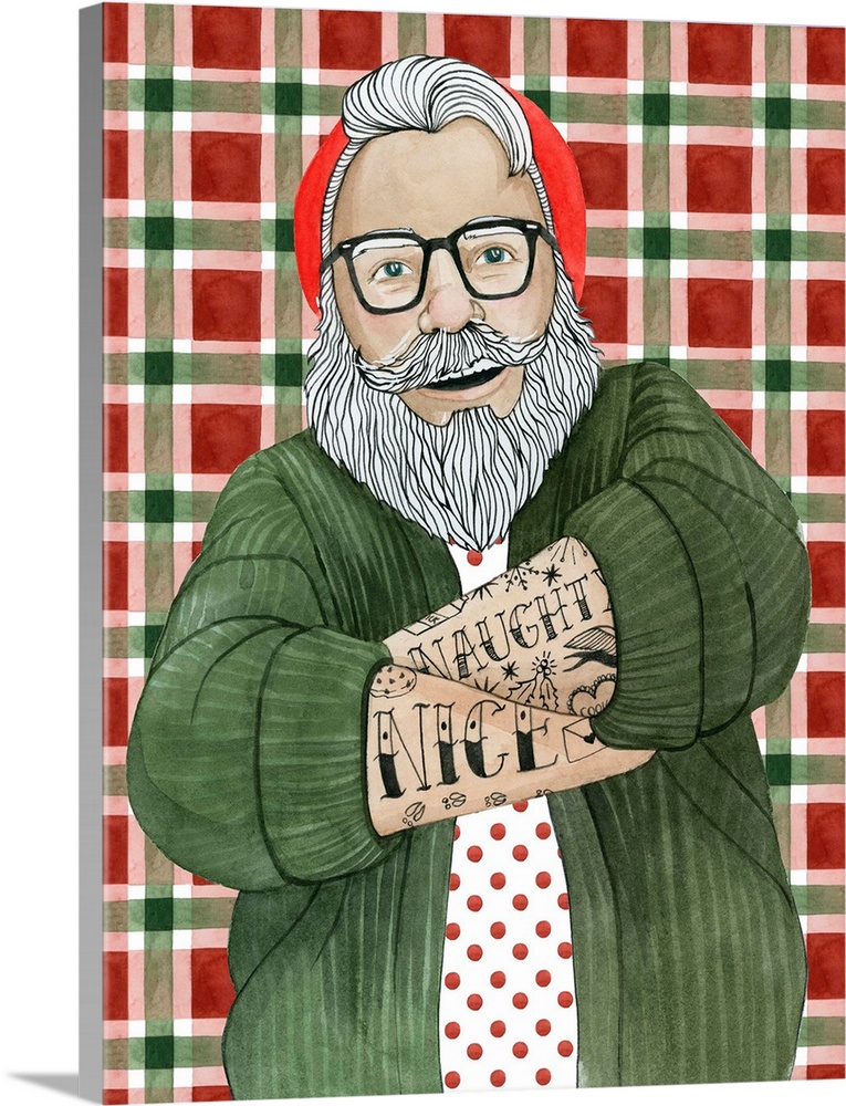 Fun and contemporary Christmas decor of a hipster Santa Claus covered in tattoos wearing glasses and a beanie.