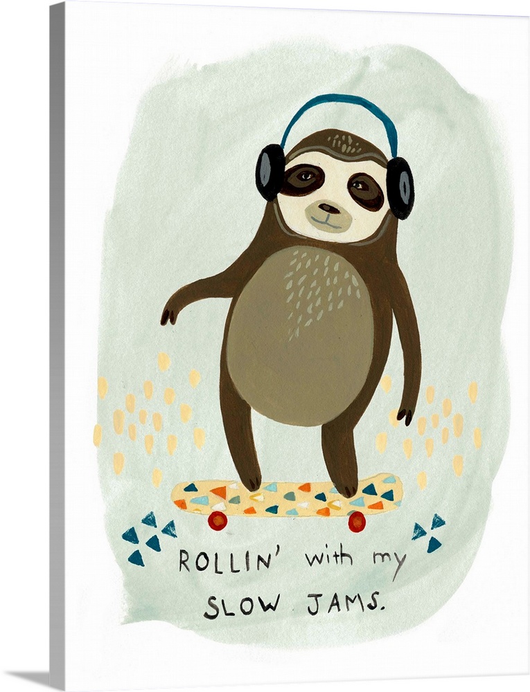 Fun children's artwork of a hipster sloth with a skateboard and headphones.
