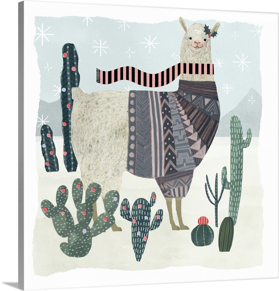 An amusing llama wearing a patterned sweater walks through a desert with cacti in this decorative artwork.