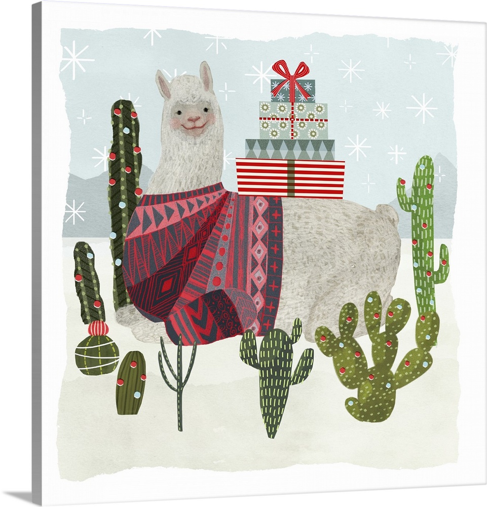 An amusing llama wearing a patterned sweater sits in a desert with cacti in this decorative artwork.