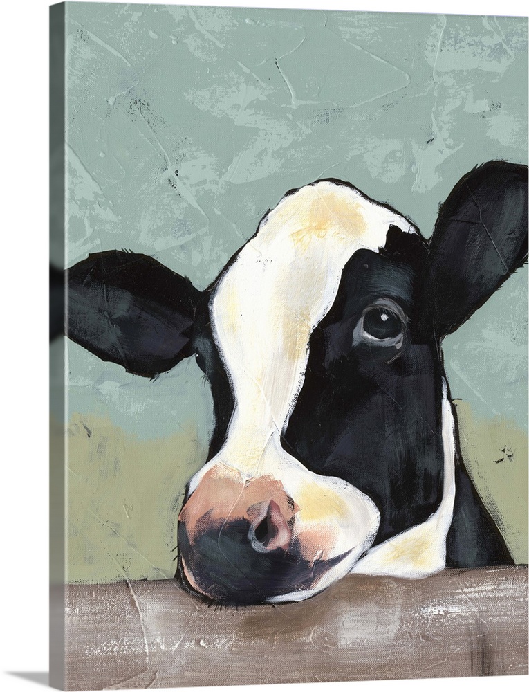 Contemporary portrait of a black and white dairy cow with a sweet expression.