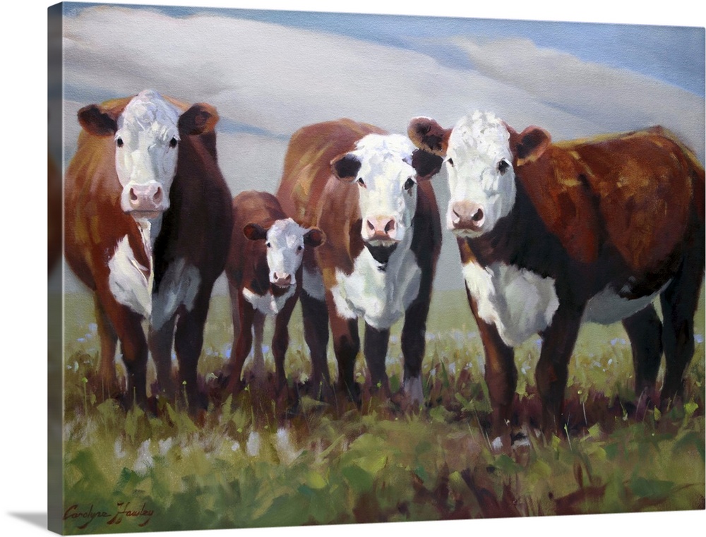 Contemporary painting of a family of cows in a field.