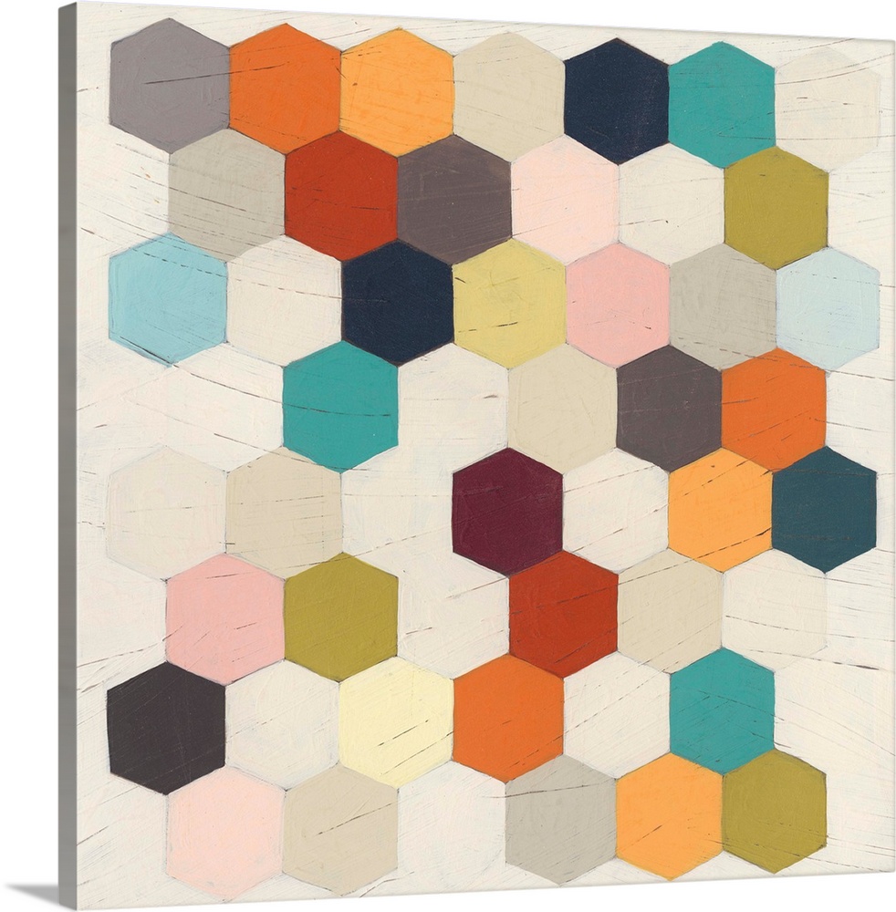 Contemporary patterned artwork of a honeycomb structures in different colors against a neutral background.