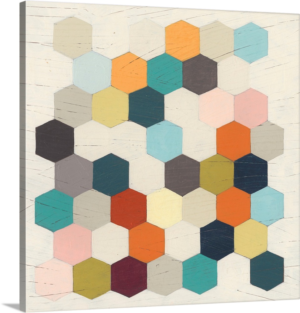 Contemporary patterned artwork of a honeycomb structures in different colors against a neutral background.