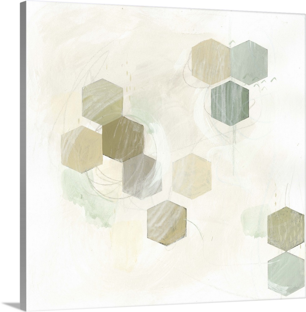 Pale earth tone colored artwork of hexagonal shapes.
