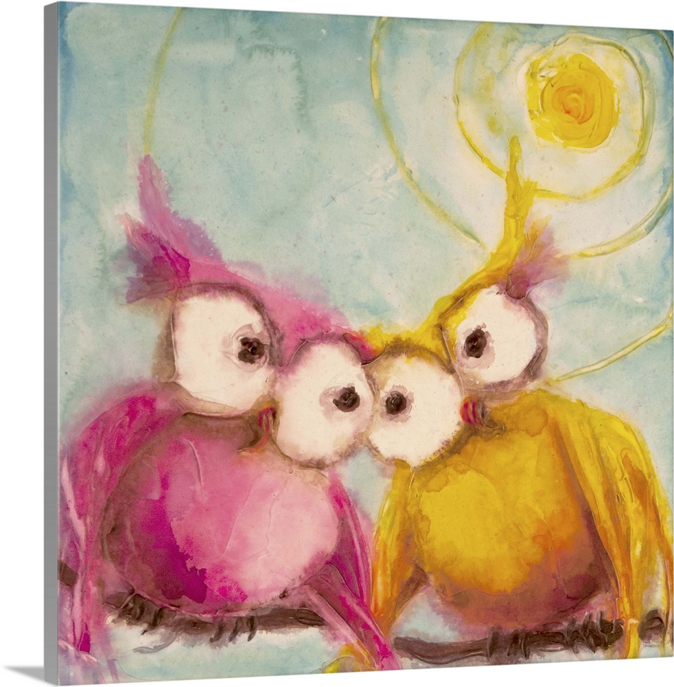 Cute painting of two owls with large eyes in love under the bright sun.