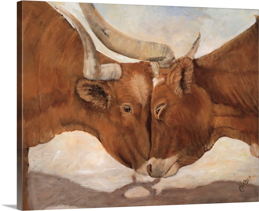 Horizontal contemporary artwork of two bulls going head to head with locked horns.