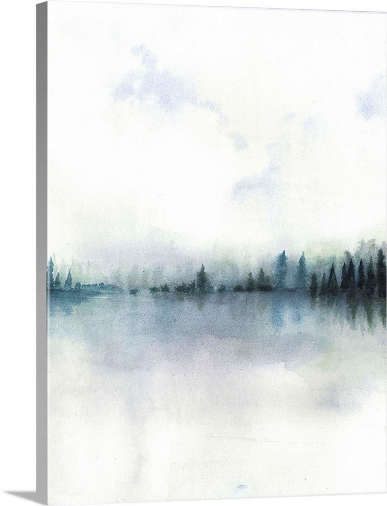 Contemporary watercolor landscape painting looking at a dark horizon in pale distressed gray background.
