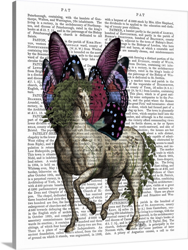 Decorative artwork of a horse with butterfly wings painted on the page of a book.