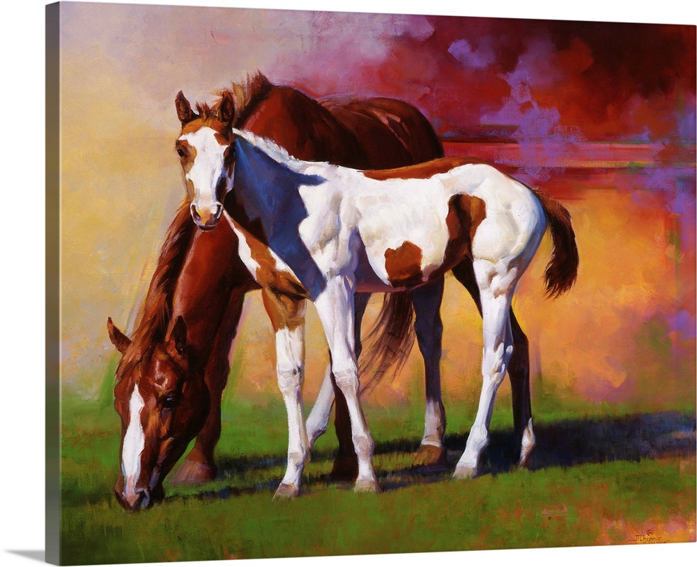 Two beautifully drawn horses stand in a grassy field with colorful smoke behind them.