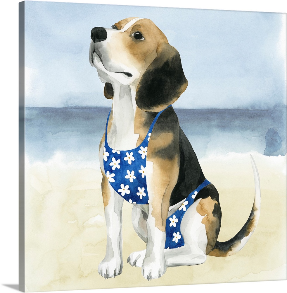 Square watercolor painting of a beagle wearing a bathing suit on the beach.