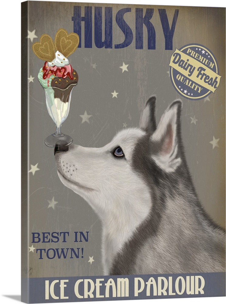 Decorative artwork of a Husky balancing an ice cream sundae on its nose in an advertisement for an ice cream parlour.
