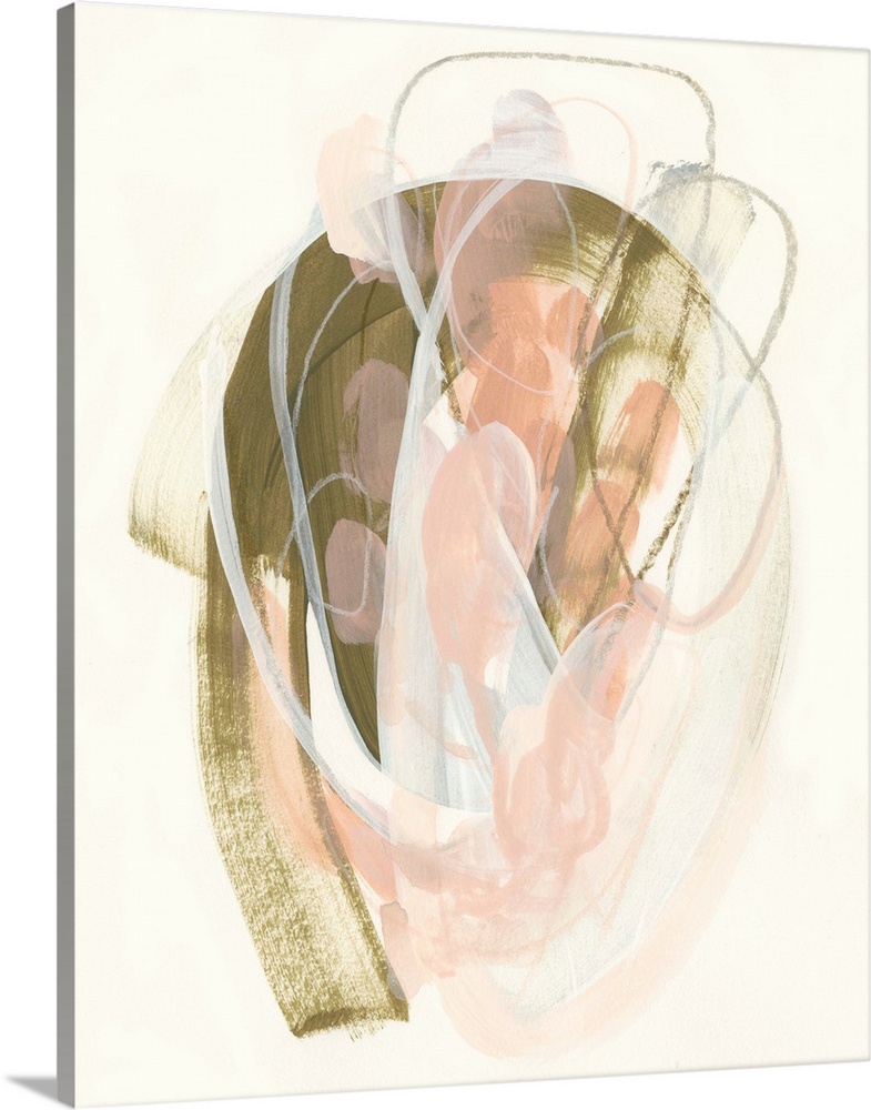 Vertical abstract painting of pastel colors with gold accents in circular shapes.