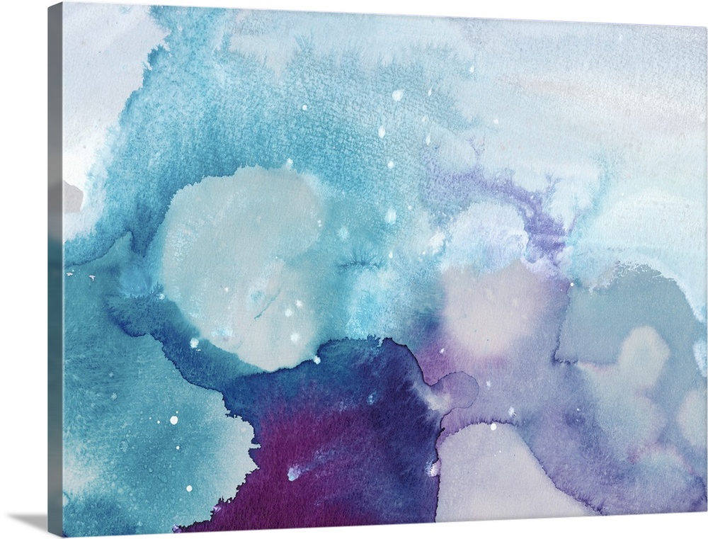 Abstract watercolor art in cool blue and purple shades with white spots, resembling icy water.