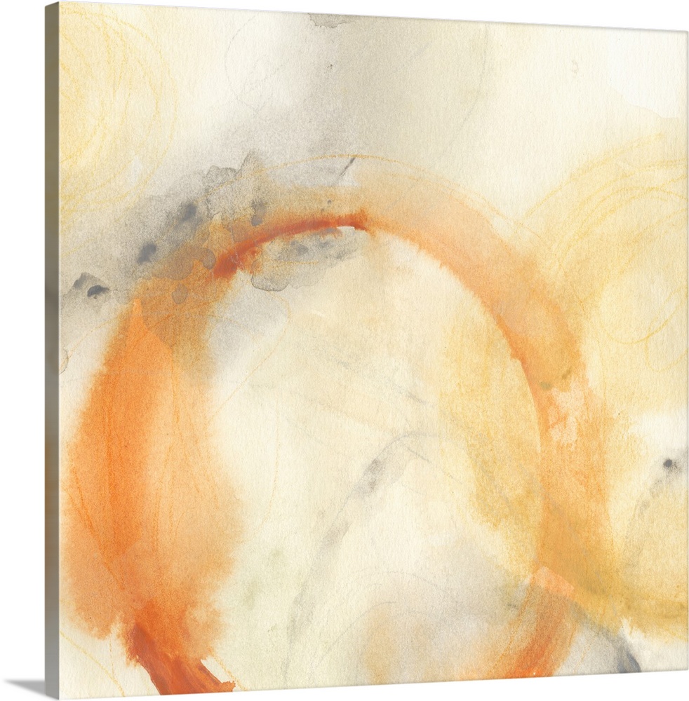 Contemporary abstract painting of faded blotchy rings in muted tones.