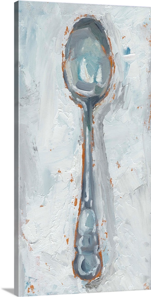 Rustic painting of a spoon made in cool tones with warm hints of orange popping out from underneath the layered paint.