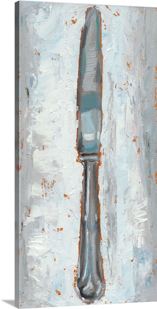 Rustic painting of a knife made in cool tones with warm hints of orange popping out from underneath the layered paint.