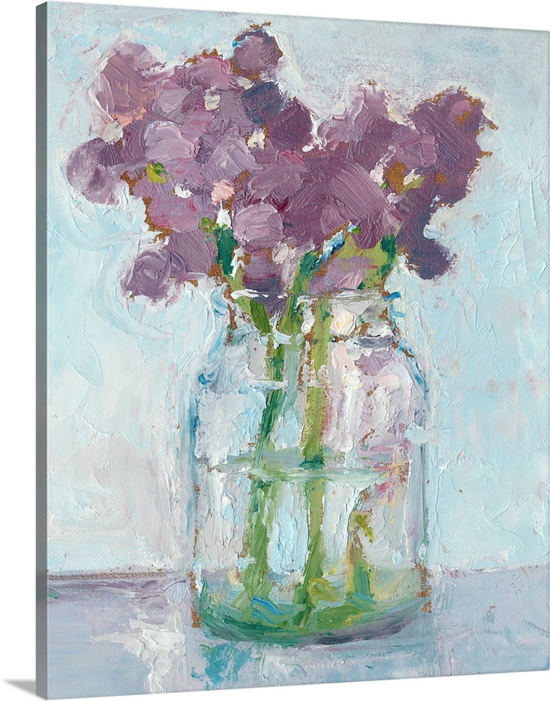 Impressionist style art print of purple flowers in a glass vase.