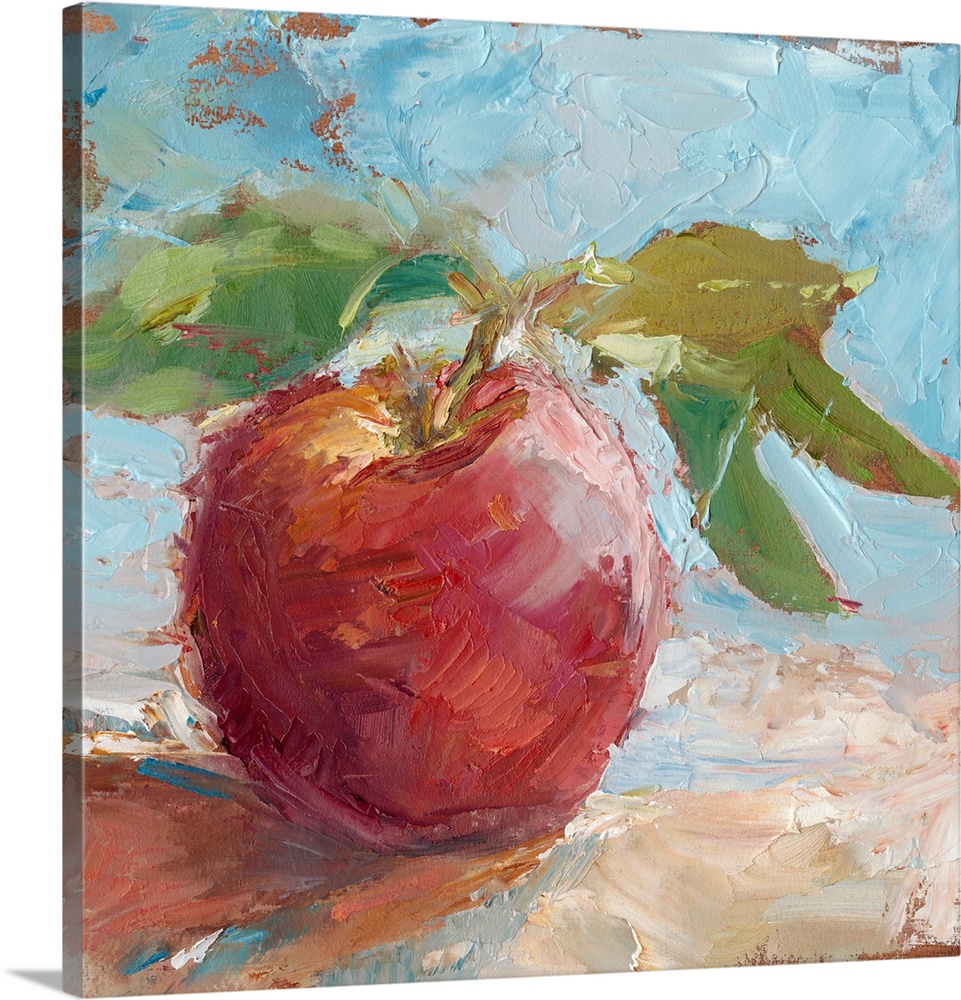 Contemporary painting of a red apple in an impressionist style.