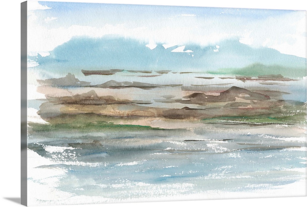 Semi-abstract watercolor painting of a mountain landscape with a lake.