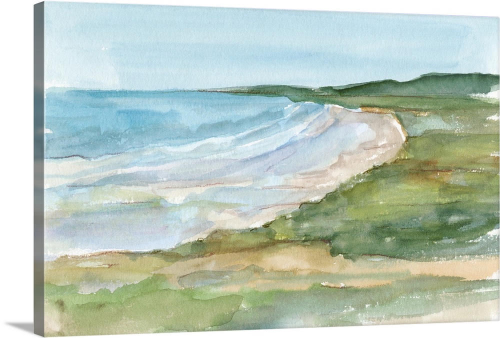 Semi-abstract watercolor painting of a coastal landscape.
