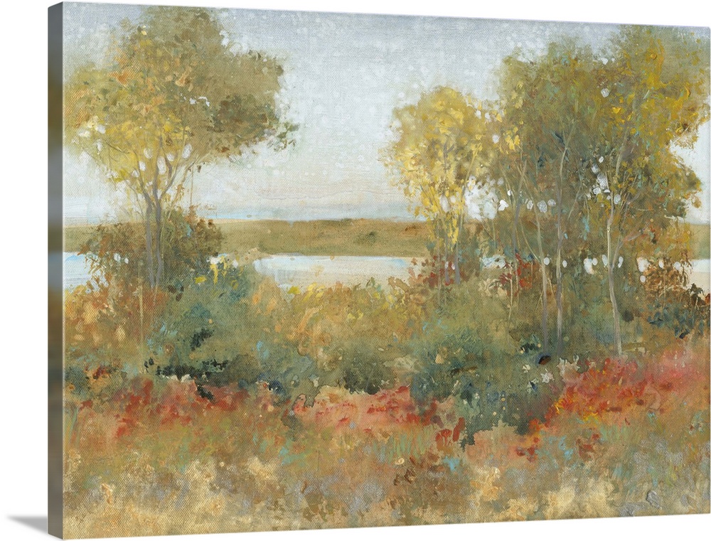 Contemporary painting of an idyllic countryside scene with trees and a river.
