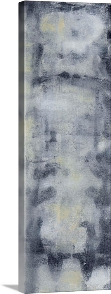 Contemporary abstract painting using smokey gray and blue tones.