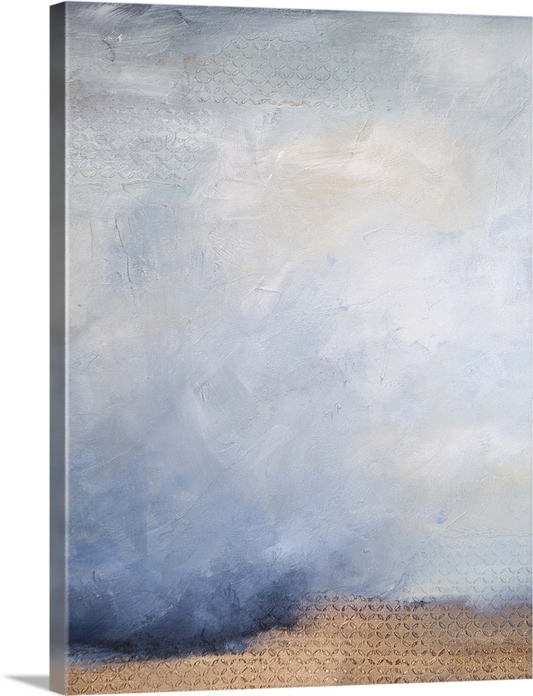 Contemporary abstract artwork in pale blue and white with a copper streak.