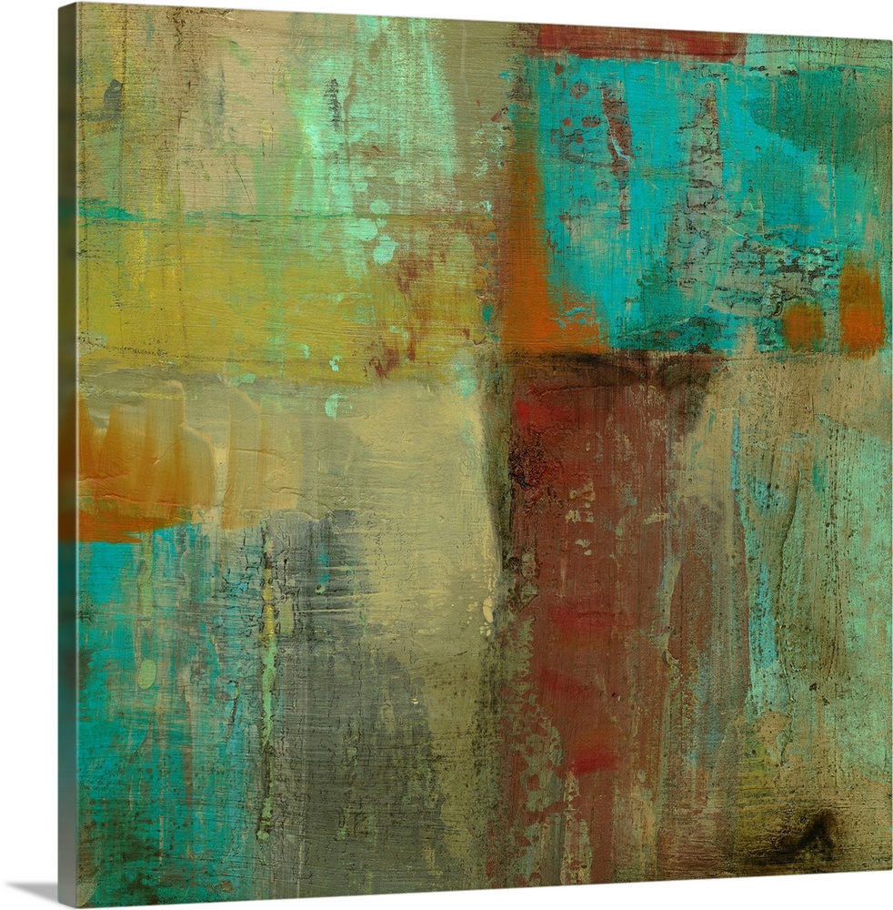 Square abstract painting on canvas of various colors painted together.
