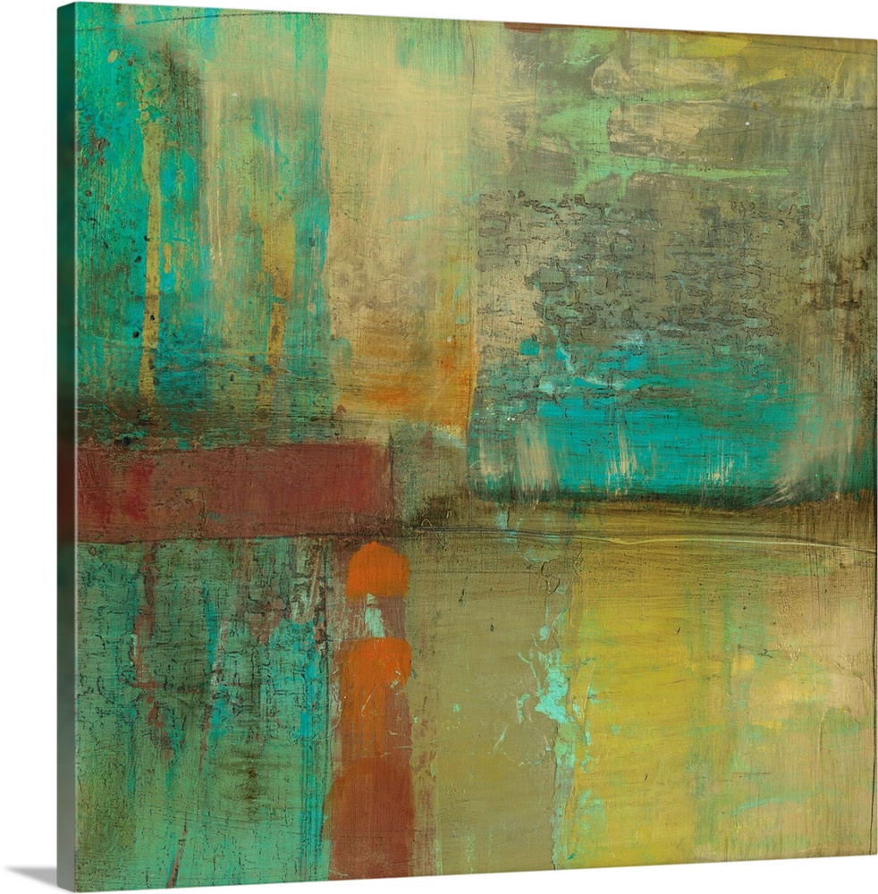 Abstract artwork that uses blocks of colors on this square piece. Mostly cooler tones are used with a pop of maroon.