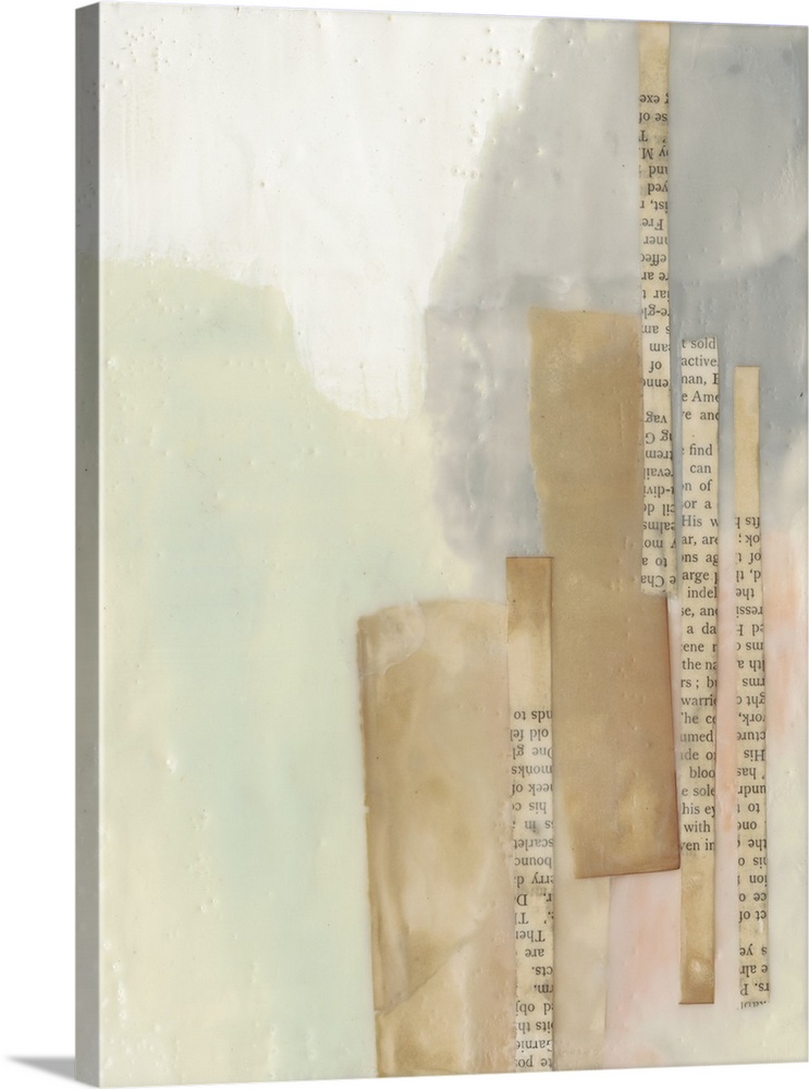 The appearance of a thin layer of wax covers this soft color abstract with strips of aged newspaper as the focal point.