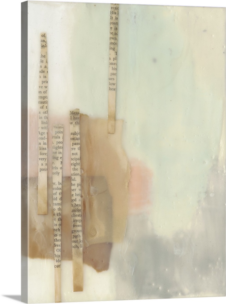 The appearance of a thin layer of wax covers this soft color abstract with strips of aged newspaper as the focal point.