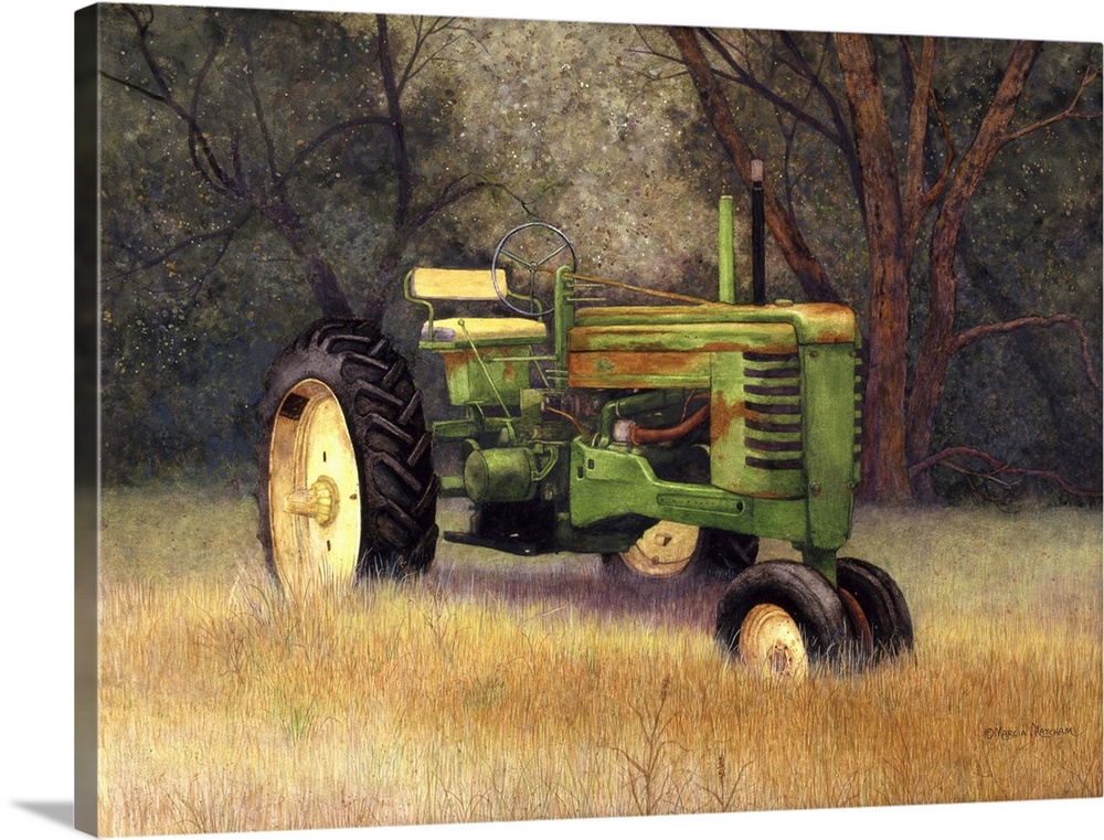 Illustration of an old green tractor forgotten in a field.