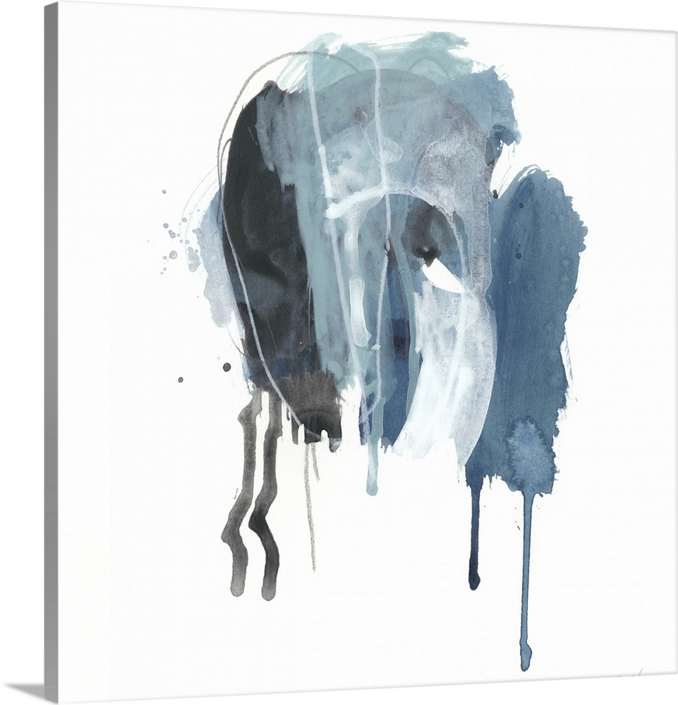 Square abstract painting in black, blue and white with drips of the overlapping paint on a white background.
