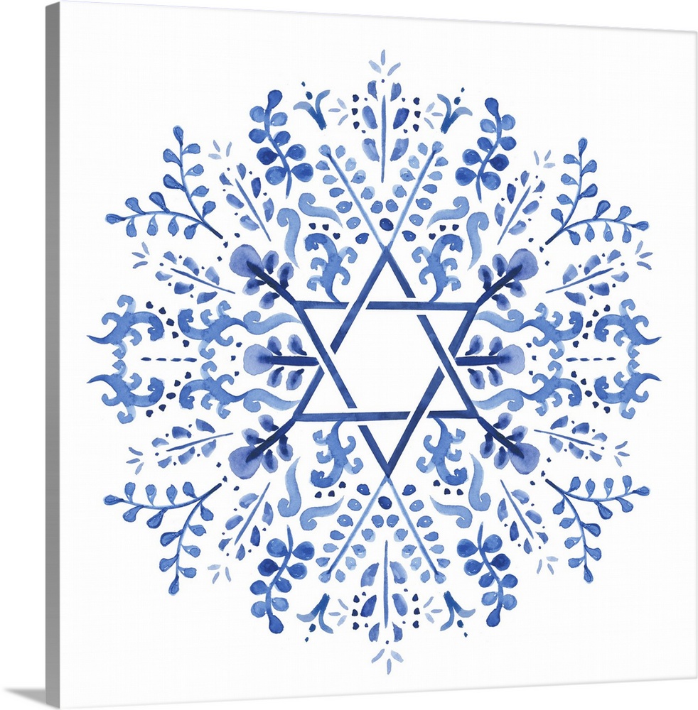 Indigo floral design around a centered interpretation of the Star of David.