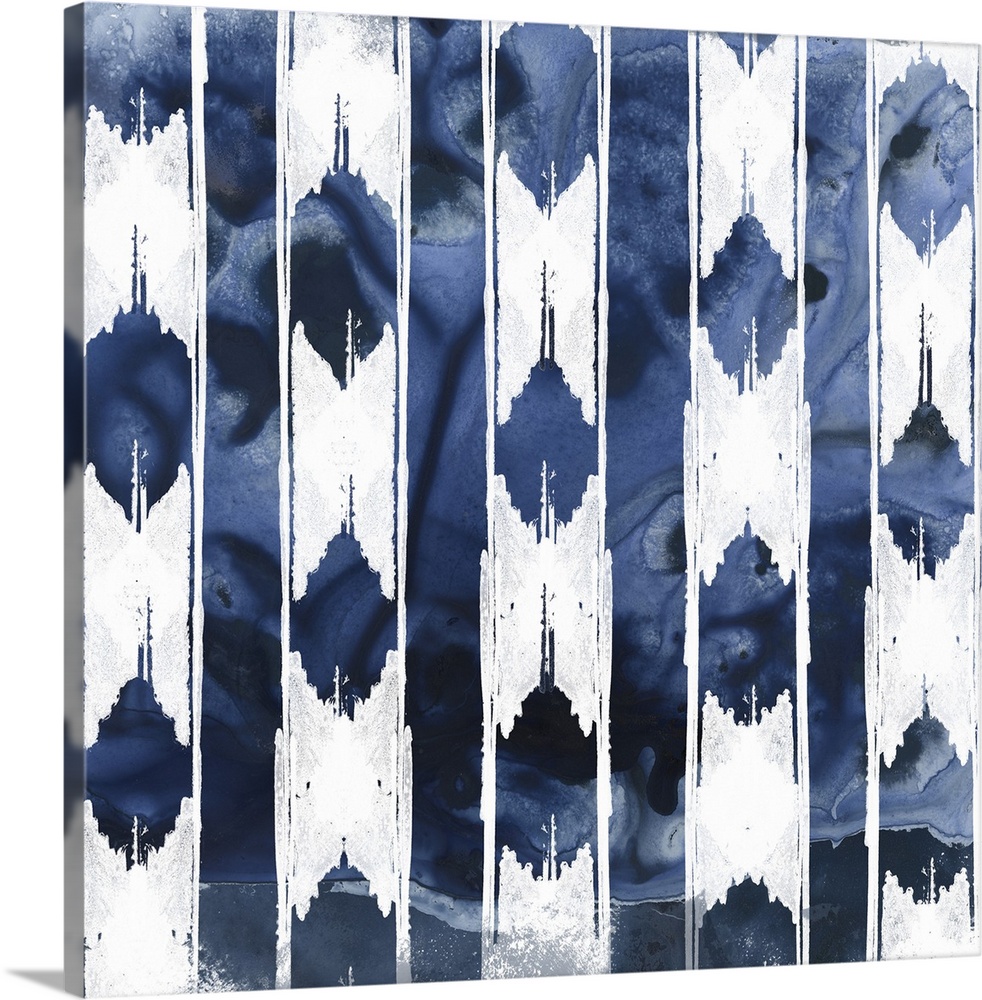 Shibori style artwork in white and indigo of classic pattern motifs.