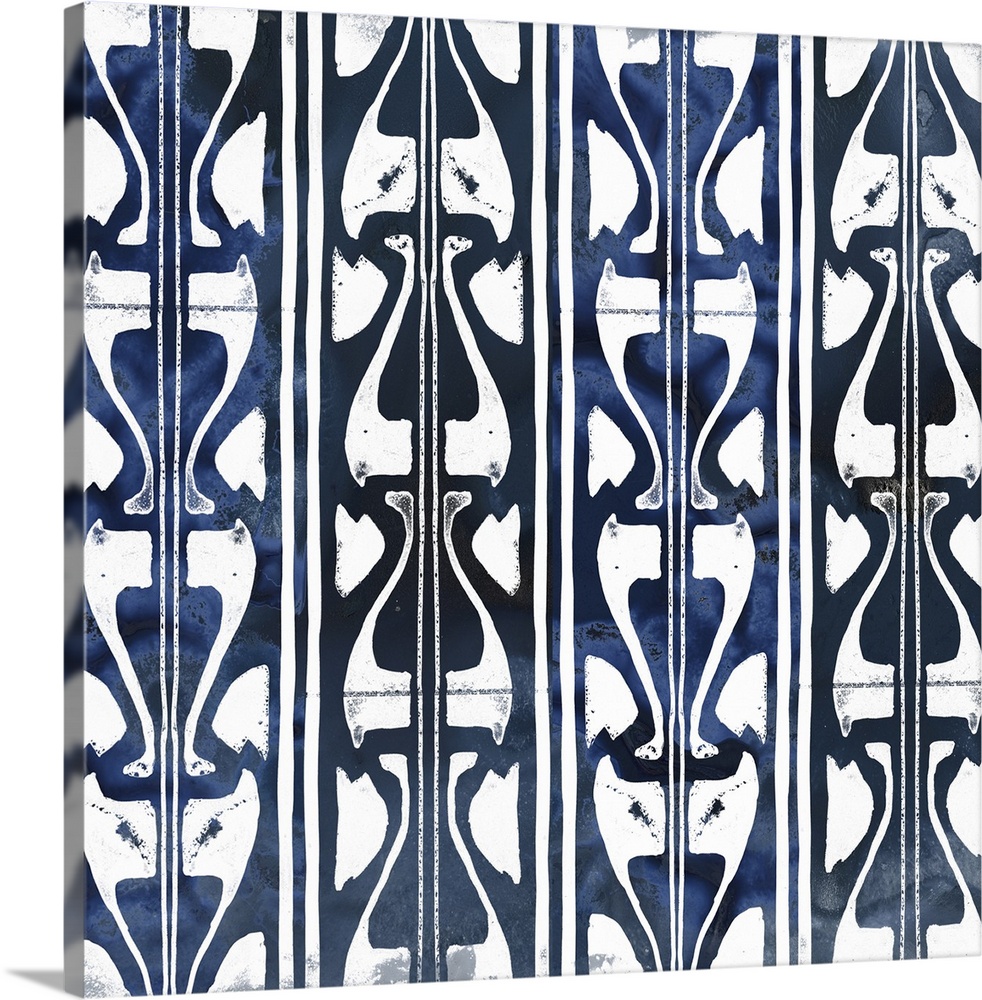 Shibori style artwork in white and indigo of classic pattern motifs.