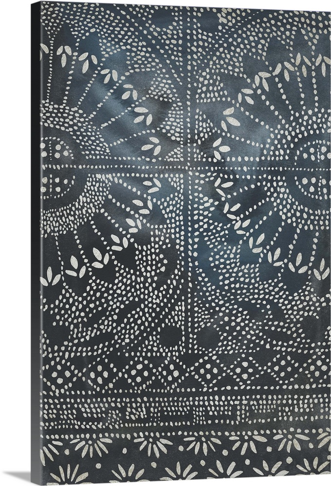 Intricate dots and short brush strokes complete an elaborate pattern over a indigo background in this decorative art.